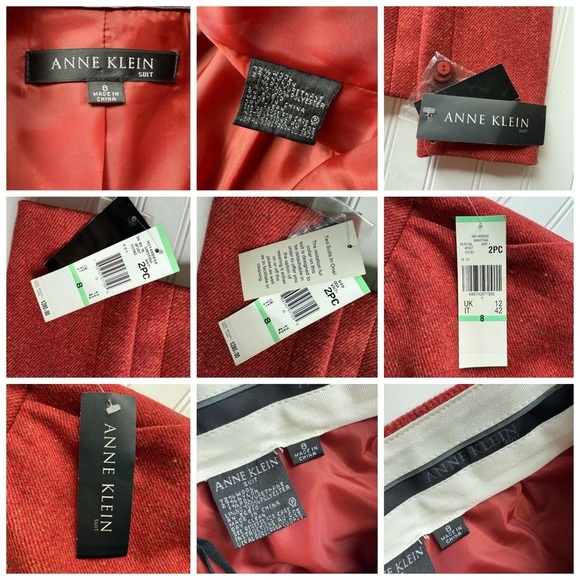 Anne Klein 2Pc Pant Suit Blazer Jacket Faux Fur Wool Blend Red Orange Size 8 NWT - Picture 10 of 16